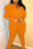 Orange Active Casual Patchwork Solid pencil Puff sleeve Two Pieces