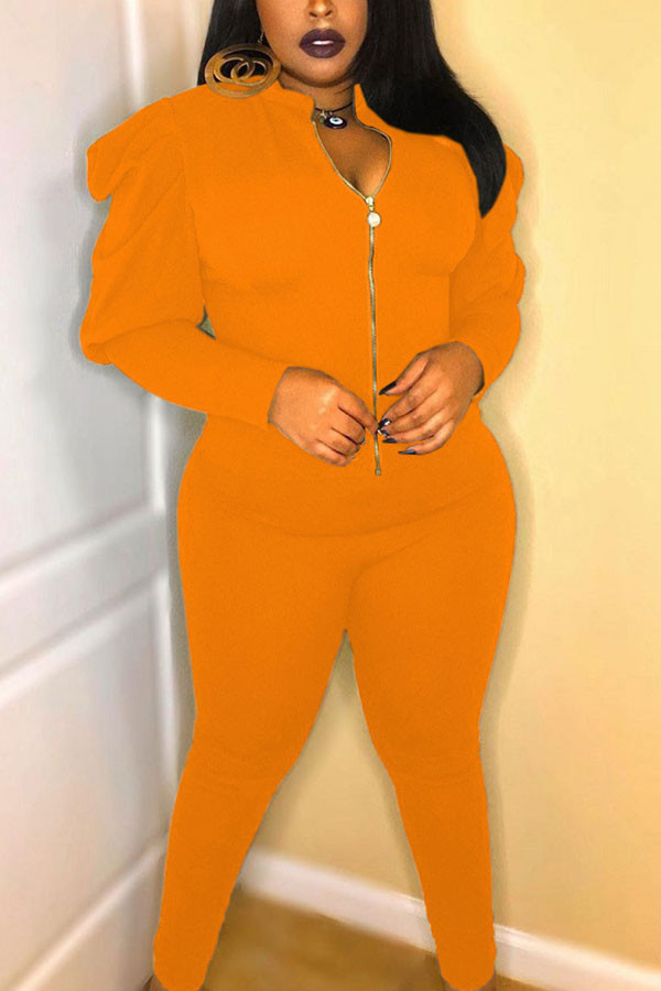 Orange Active Casual Patchwork Solid pencil Puff sleeve Two Pieces