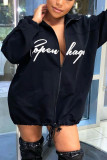 Black Celebrities Print Letter Turndown Collar Outerwear