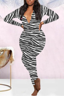 Black White Casual Living Print Basic V Neck Regular Jumpsuits
