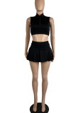 Black Casual Solid Patchwork Flounce Zipper Collar Sleeveless Two Pieces