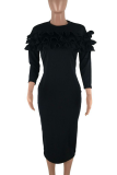 Black Casual Solid Patchwork O Neck Wrapped Skirt Dresses