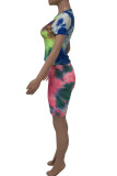 Fluorescent Green Casual Print Tie Dye Patchwork O Neck Short Sleeve Two Pieces