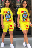 Yellow venetian Fashion Casual Print Two Piece Suits Straight Short Sleeve Two Pieces