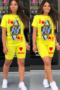 Yellow venetian Fashion Casual Print Two Piece Suits Straight Short Sleeve Two Pieces