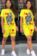 Yellow venetian Fashion Casual Print Two Piece Suits Straight Short Sleeve Two Pieces