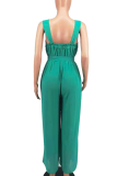 Green Casual Solid Patchwork Spaghetti Strap Loose Jumpsuits