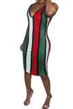 Red Fashion Sexy Red Blue Pink Yellow Wine Red Navy Blue Tank Sleeveless V Neck Hip skirt Knee-Length Striped Dresses