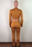 Yellow OL Solid Draped crop top Boot Cut Long Sleeve Two Pieces