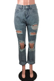 Blue Gray Street Solid Make Old Mid Waist Regular Denim