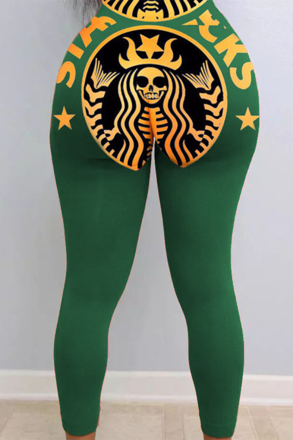 Green and yellow Sexy Print Skinny Bottoms
