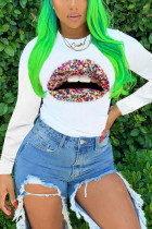 White O Neck Long Sleeve Print Lips Print Tops