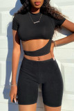 Black Fashion Casual Solid Hollowed Out O Neck Short Sleeve Two Pieces