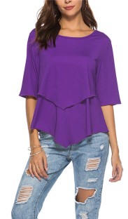 purple Casual Regular O-Neck Half Solid Patchwork Regular Tees & T-shirts