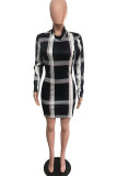 Black England Long Sleeves O neck Step Skirt Mini Print Plaid Dresses