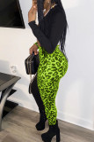 Blue Sexy Patchwork Two Piece Suits Leopard Straight Long Sleeve