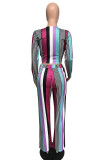 multicolor England Striped Print Straight Long Sleeve Two Pieces