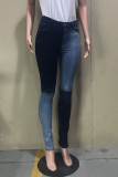 Blue Zipper Fly Mid Patchwork washing Old Zippered pencil Pants Bottoms