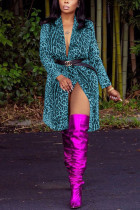 Blue cardigan Leopard Print Nylon Print Long Sleeve Outerwear