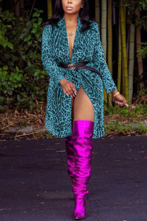 Blue cardigan Leopard Print Nylon Print Long Sleeve Outerwear