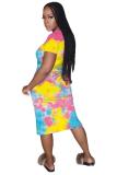 Blue Fashion Casual adult White Blue Green Pink Yellow Multi-color multicolor Cap Sleeve Short Sleeves O neck A-Line Mid-Calf Print Patchwork Ombre bandage Dresses