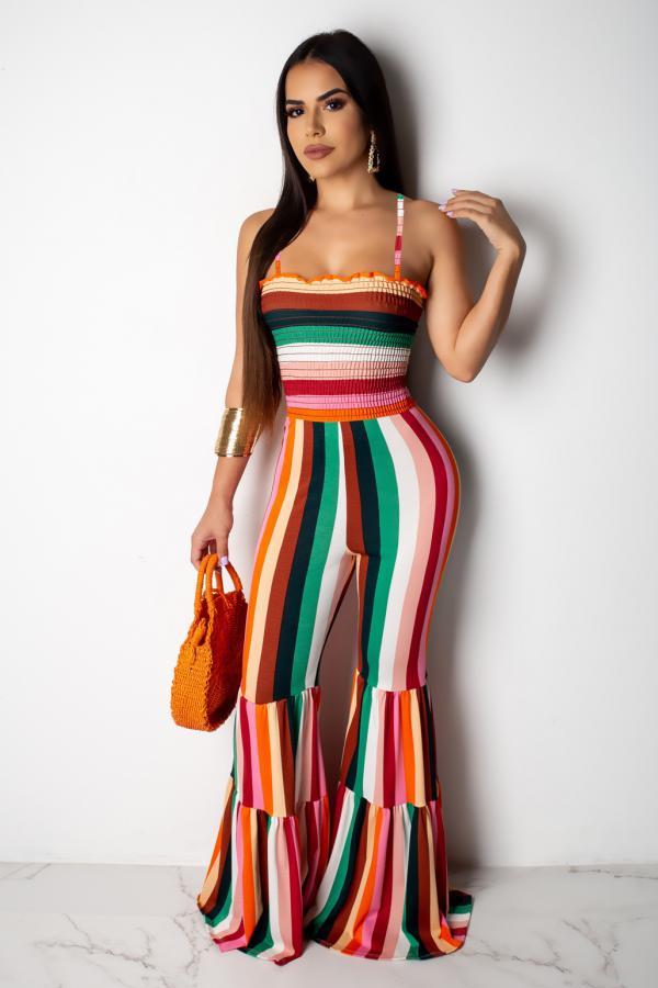 Orange Fashion Casual Draped Print Striped Sleeveless Slip Jumpsuits