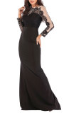 Blue Fashion Long Sleeves O neck Slim Dress Floor-Length Patchwork 