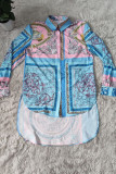 Blue Fashion Casual Print Asymmetrical Turndown Collar Shirt Dress