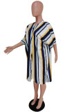 Hide Blue Fashion Casual adult Striped Patchwork Print ruffle Two Piece Suits Straight Half Sleeve Two Pieces