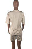 Khaki Fashion Sexy adult Ma'am Letter Patchwork Print Two Piece Suits pencil Short Sleeve Two Pieces
