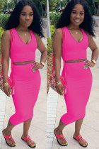 rose red Sexy Fashion Patchwork Solid A-line skirt Two-Piece Dress