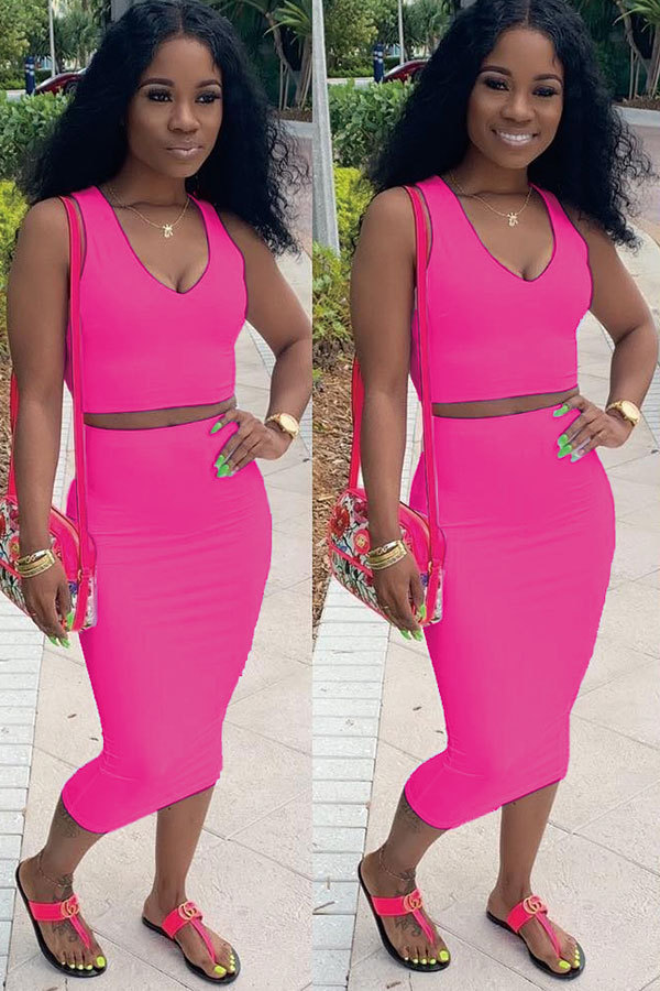 rose red Sexy Fashion Patchwork Solid A-line skirt Two-Piece Dress