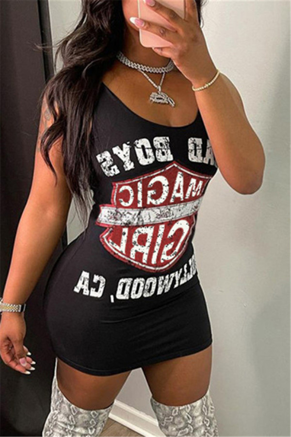Black White Fashion Sexy Print Basic O Neck Vest Dress