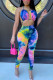 Pink Fashion Casual Tie-dyed Backless Milk. Sleeveless Hanging neck Jumpsuits