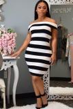 Black Sexy Fashion Off The Shoulder Sleeveless One word collar Sheath Mini Striped asymmetrical