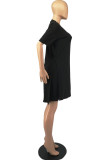 Black Fashion Casual Solid Slit V Neck Short Sleeve Two Pieces
