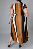 Brown Fashion Casual Plus Size Striped Print Slit V Neck Short Sleeve Dress