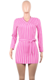 Yellow Fashion Long Sleeves O neck Hip skirt Mini Striped Long Sleeve Dresses