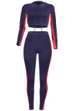 Blue Casual Sportswear Patchwork Basic Hooded Collar Long Sleeve Two Pieces