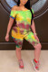 Yellow Fashion adult OL Patchwork Print Tie Dye Two Piece Suits pencil Short Sleeve Two Pieces