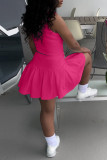 Rose Red Sexy Casual Solid Vests V Neck Sleeveless Two Pieces