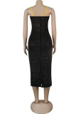 Black Fashion Sexy adult Ma'am Spaghetti Strap Sleeveless Slip Step Skirt Mid-Calf diamonds Dresses