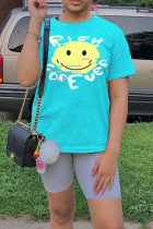 Sky Blue Fashion Casual Print Basic O Neck Tops