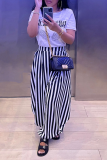 Blue Casual Print Patchwork O Neck Short Sleeve Two Pieces