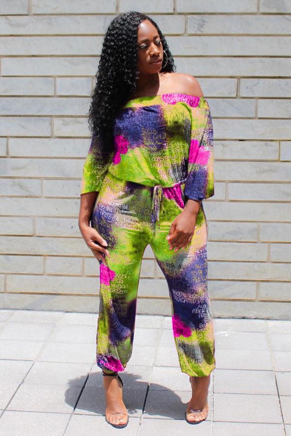 Green Sexy Casual Fashion Tie-dyed Print one word collar 