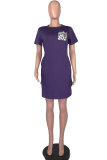 Light Blue Fashion adult Street Pink Yellow Light Blue purple Cap Sleeve Short Sleeves O neck Pencil Dress Knee-Length Print Patchwork Leopard Pocket Dresses