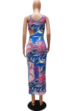 Red Sexy Print Hollowed Out Spaghetti Strap Pencil Skirt Dresses