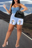 Baby Blue Casual Patchwork Draw String Mid Waist Skinny Denim Shorts