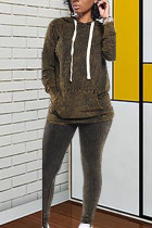 Green Street Print Hooded Collar Long Sleeve Regular Sleeve Two Pieces