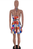 Multicolor Fashion Sexy Print Bandage Backless Halter Sleeveless Two Pieces